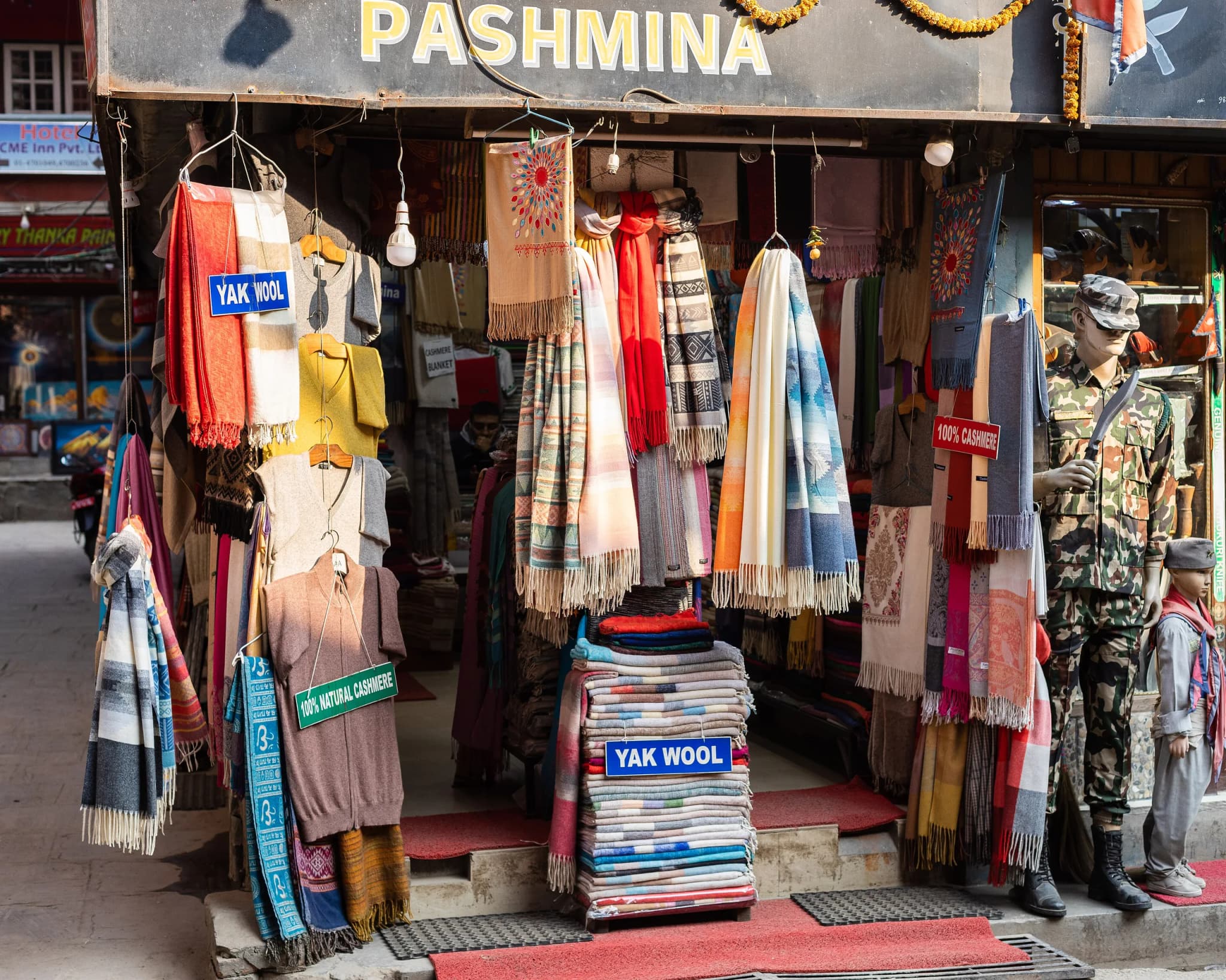 The busy lanes of Thamel in Kathmandu, lined with trekking gear shops